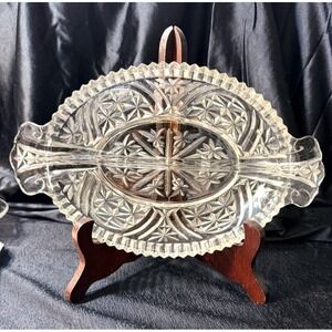 Vintage Anchor Hocking Stars And Bars Glass Relish Serving Tray Plate MCM (2819)